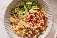 Crispy Rice Bowl Topped with Spicy Tuna and Sesame Chili Sauce