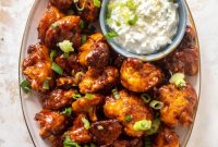 Sticky BBQ Cauliflower Bites with Greek Yogurt Blue Cheese Dip