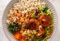 Buffalo Chicken Meatball Bowls with Ranch Slaw and Cauliflower Rice
