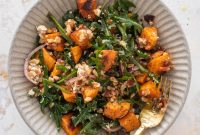 Roasted Sweet Potato, Farro & Bacon Salad with Goat Cheese