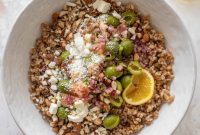 Lemony Farro Salad with Olives, Almonds & Feta