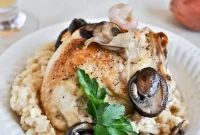 Mushroom Garlic Chicken with Creamy Beer Risotto