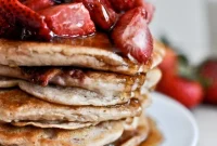 Roasted Strawberry Pancakes with Brown Butter Glaze