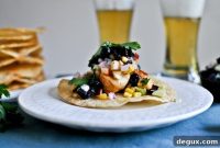 Sweet-Spicy Glazed Chicken and Corn Avocado Tostadas with Blueberry Peach Salsa