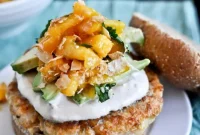 Chipotle Shrimp Burgers with Coconut-Peach Salsa and Creamy Sauce