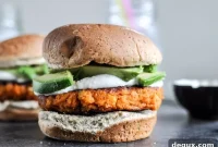 Smoky Sweet Potato Burgers with Roasted Garlic Cream & Avocado