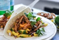 BBQ Beer Pulled Pork Tacos with Crispy Onion Straws & Mango Salsa