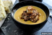 Bourbon Sweet Potato Bisque with Brown Butter Cinnamon Croutons