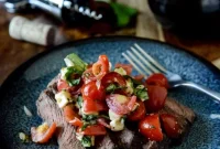 Red Wine–Marinated Flank Steak with Cherry Tomato Caprese Salsa