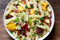 Smoky Heirloom Tomato & Grilled Peach Pasta Salad with Basil Vinaigrette