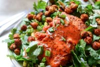 BBQ Salmon & Crispy Chickpea Salad with Greek Yogurt Ranch Drizzle