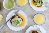 Sweet Corn Cakes Benedict with Avocado Hollandaise and Poached Eggs