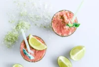 Layered Watermelon Coconut Shake with Salty Lime Sugar Rim