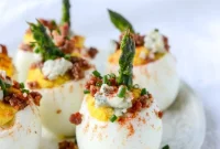 Bacon & Blue Deviled Eggs with Roasted Garlic and Asparagus
