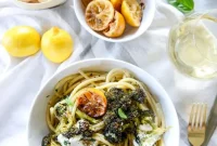 Blackened Broccoli Pasta with Charred Lemon and Goat Cheese
