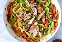 Thai Drunken Zucchini Noodles with Spicy Honey Chicken