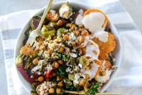Mapel-Chipotle Brussels & Coconut-Roasted Sweet Potato Grain Bowl