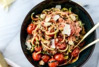 Zucchini Noodles with Cherry Tomato Garlic Cream Sauce and Crispy Breadcrumbs