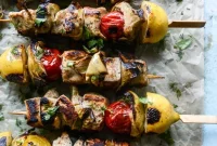 Grilled Chicken, Burst Tomato & Artichoke Skewers with Goat Cheese Dip