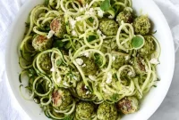 Zucchini Noodles with Mini Chicken, Feta & Spinach Meatballs