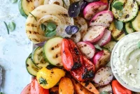 Grilled Marinated Vegetables with Avocado Whipped Feta Dip