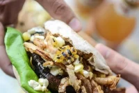 Blue Cheese-Stuffed Portobello Burgers with Grilled Corn & Crispy Shallots