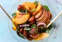 Marinated Tomato and Peach Salad with Herb-Butter Toast