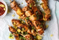 Grilled Pineapple Chili Chicken Skewers with Garlic-Chive Dip