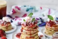 Mini Coconut Ricotta Pancakes with Fresh Strawberry Syrup