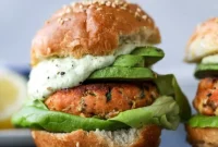 Green Goddess Salmon Burger Recipe with Herbed Avocado Sauce