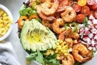 Tequila Lime Shrimp Taco Salad with Cilantro and Avocado