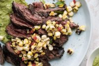 Grilled Skirt Steak with Avocado Pesto and Corn Relish