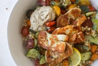Grilled Halloumi Hummus Bowls with Fresh Veggies and Tahini