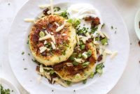Loaded Irish Cheddar Mashed Potato Pancakes -> Irish Cheddar Mashed Potato Pancakes with Bacon & Chives
