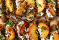 Burrata, Peach & Pancetta Crostini with Basil Butter
