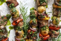 Grilled Filet and Potato Skewers with Rosemary Chimichurri Sauce