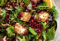 Pomegranate & Greens Salad with Halloumi Croutons and Spiced Orange Vinaigrette