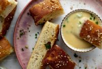 Sesame Pretzel Focaccia with Dijon Beer Cheese Dip
