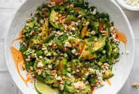 Smashed Buffalo Cucumber Salad with Creamy Avocado Dressing