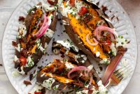 Grilled Whole Sweet Potatoes with Bacon and Ranch Dressing