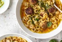 Summer Pesto Meatball Soup with Fresh Tomatoes