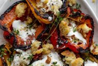 Grilled Marinated Peppers with Creamy Burrata and Crispy Breadcrumbs
