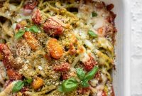 Baked Bucatini with Pesto and Burst Cherry Tomatoes
