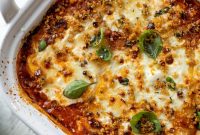 Zucchini Lasagna Bolognese with Spicy Basil Breadcrumb Topping