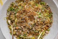 Warm Brussels Sprout Crunch Salad with Maple Dijon Dressing