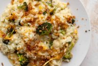 Roasted Broccoli Cheddar Risotto with Crispy Fried Onions