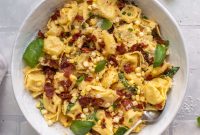 Summer Tortellini Carbonara with Lemon, Peas & Crispy Prosciutto