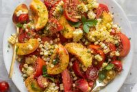 Corn, Peach & Tomato Salad with Crispy Quinoa Crunch