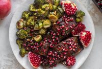 Sticky Pomegranate Salmon with Roasted Brussels Sprouts & Broccoli