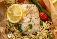 Lemon Garlic Butter Orzo with Fish in Parchment Packets